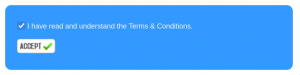 "A screenshot from MyDot showing the text 'I have read and understand the Terms & Conditions.' next to a ticked checkbox. When the checkbox is ticked, a button marked 'ACCEPT' appears."